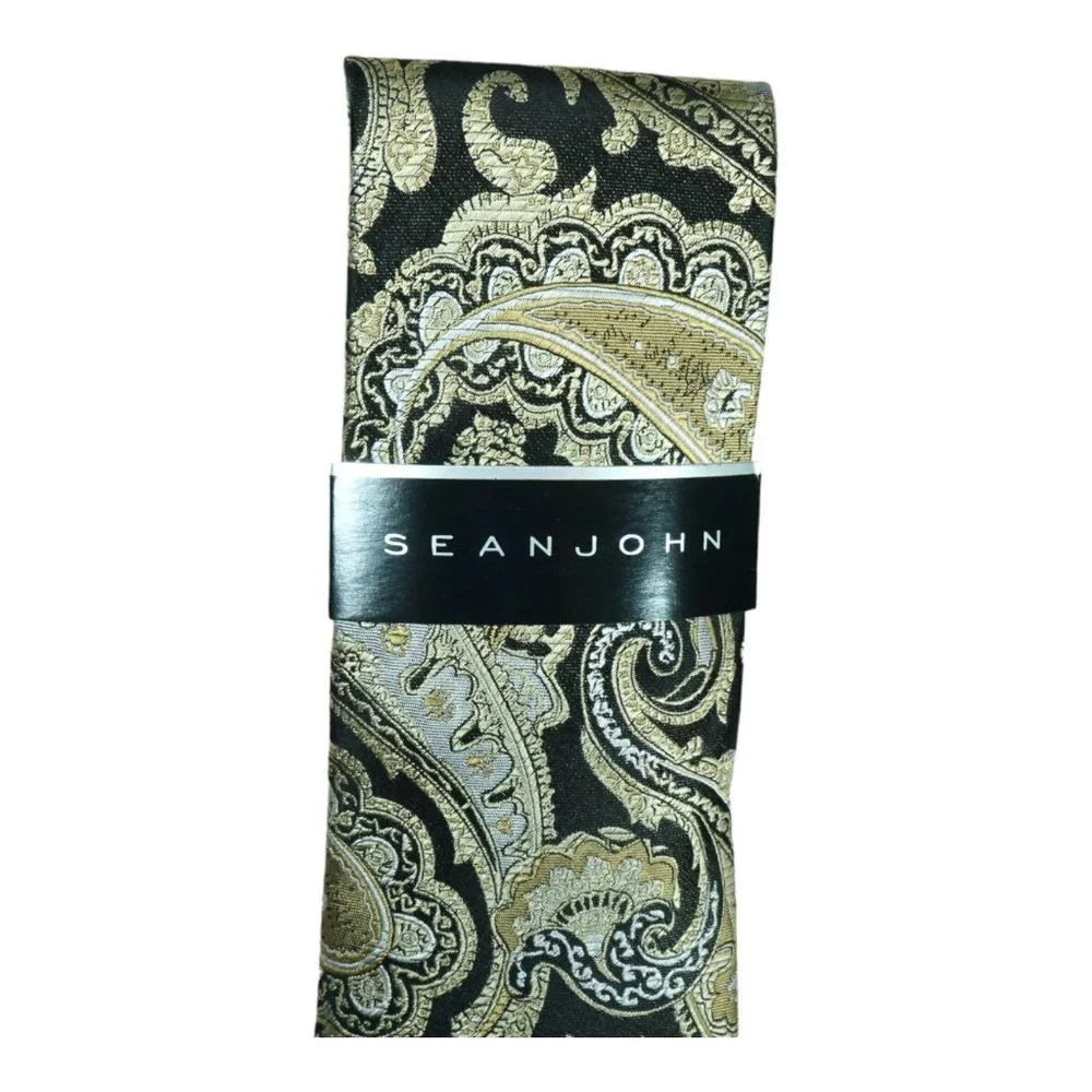 NWT $59 Sean John 100% Silk Neck Tie Gold Black Dewel Paisley 58